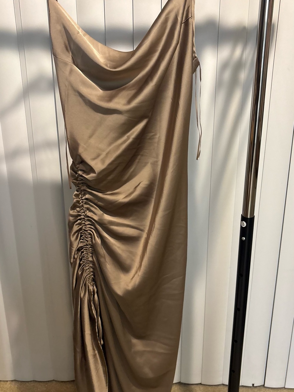 Satin Cowl-Neck Maxi Dress in Taupe with Ruched Side